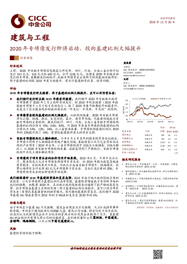 建筑与工程行业动态：2020年专项债发行即将启动，投向基建比例大幅提升