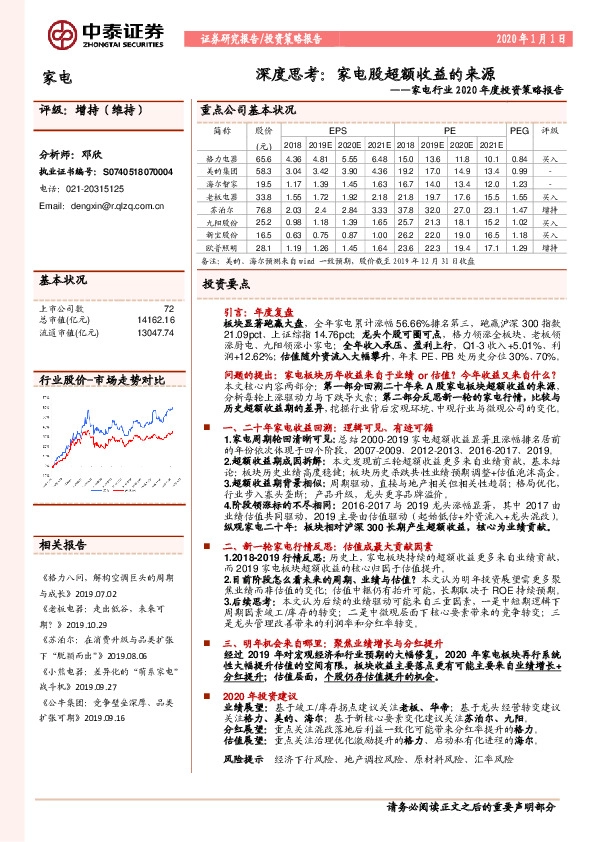 家电行业2020年度投资策略报告-深度思考：家电股超额收益的来源