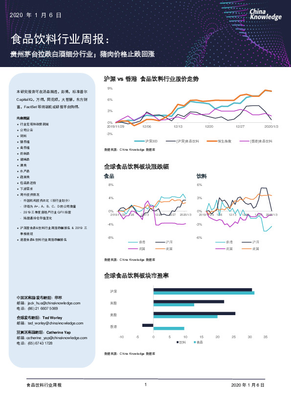 食品饮料行业周报：贵州茅台拉跌白酒细分行业；猪肉价格止跌回涨