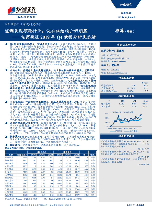 家用电器行业深度研究报告：电商渠道2019年Q4数据分析及总结：空调表现领跑行业，洗衣机结构升级明显