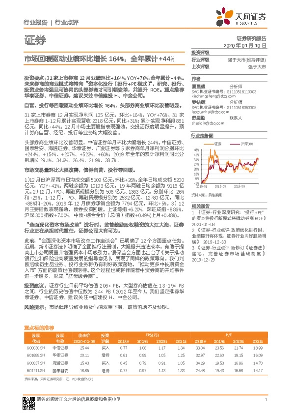 证券行业点评：市场回暖驱动业绩环比增长164%，全年累计+44%