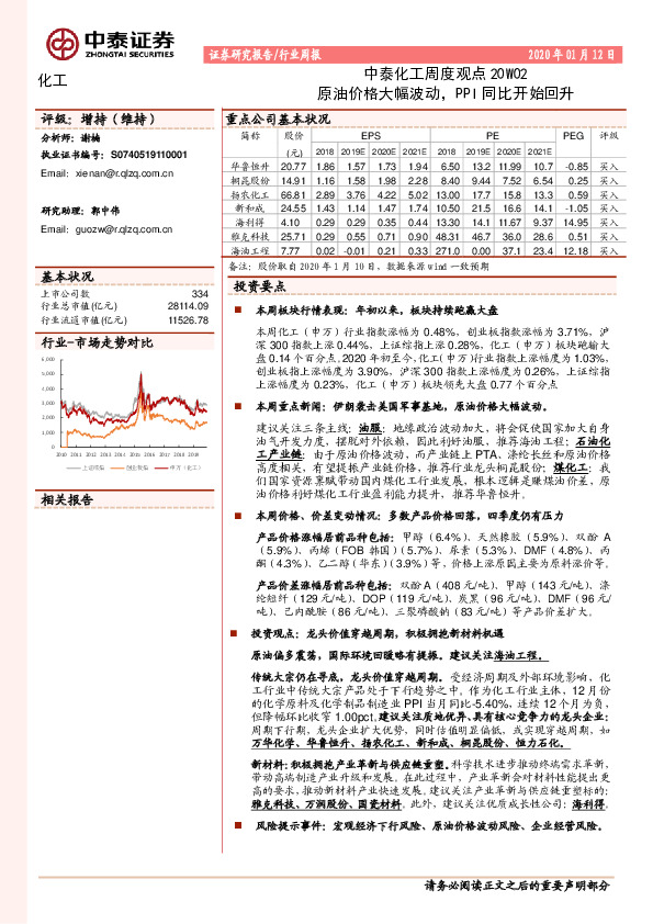 化工周度观点：原油价格大幅波动，PPI同比开始回升