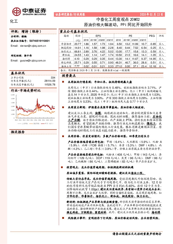 化工周度观点：原油价格大幅波动，PPI同比开始回升