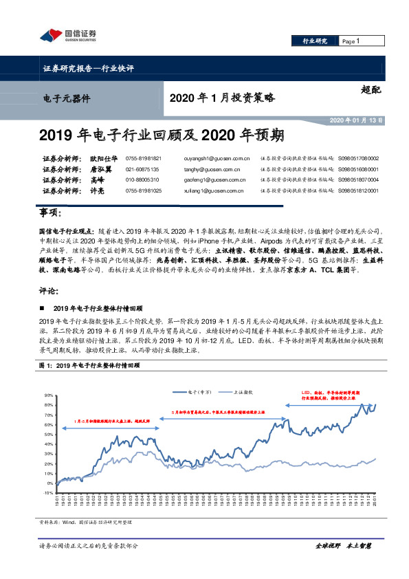 2020年1月投资策略：2019年电子行业回顾及2020年预期