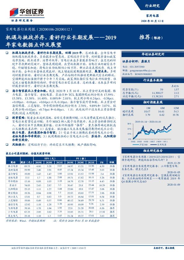 家用电器行业周报：2019年家电数据点评及展望-机遇与挑战并存，看好行业长期发展
