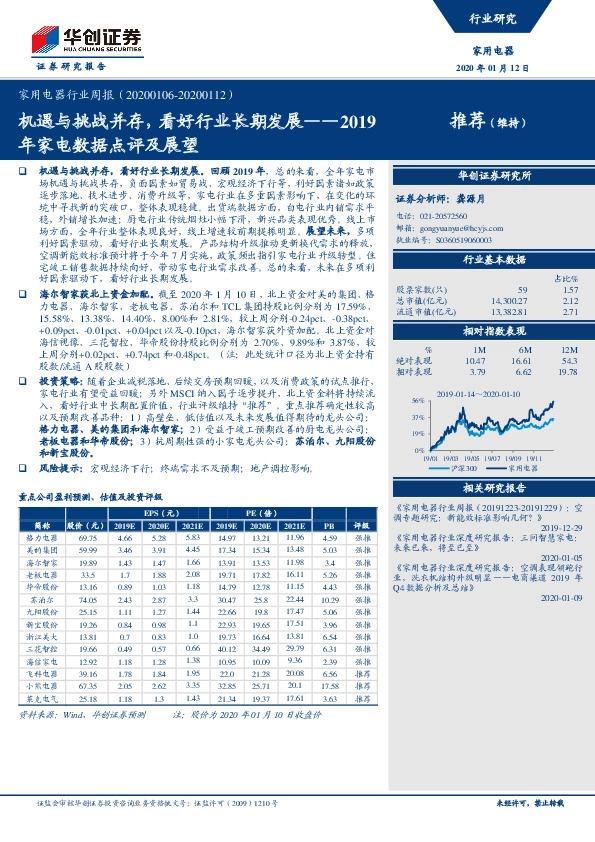 家用电器行业周报：2019年家电数据点评及展望-机遇与挑战并存，看好行业长期发展