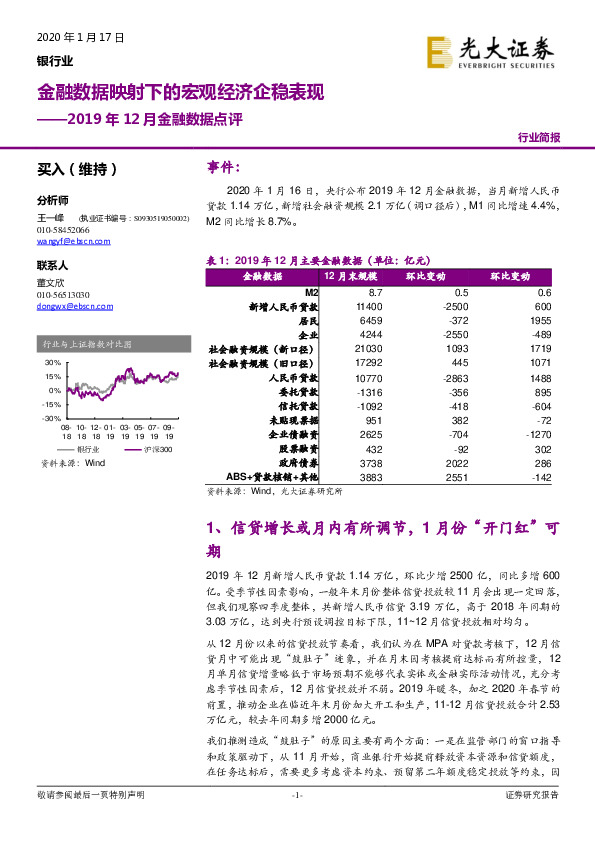 银行业2019年12月金融数据点评：金融数据映射下的宏观经济企稳表现