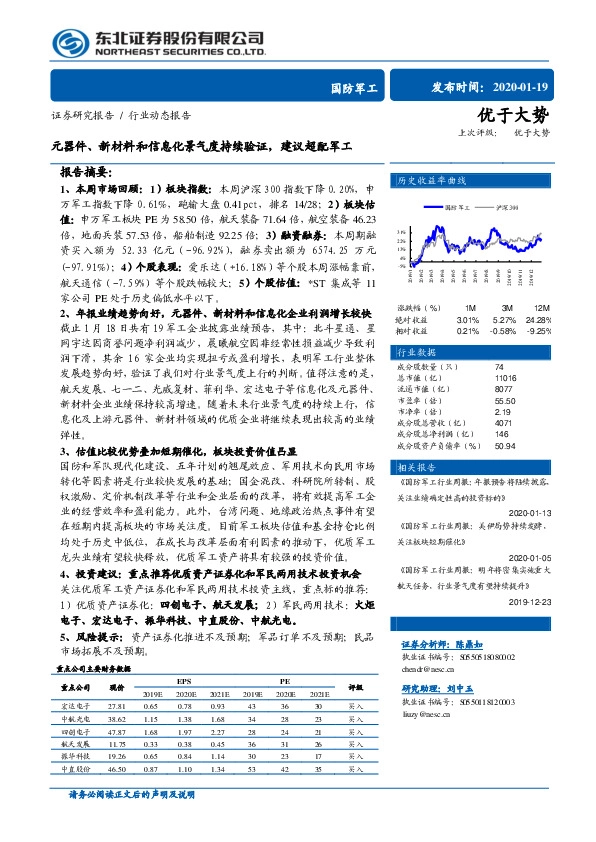 国防军工行业动态报告：元器件、新材料和信息化景气度持续验证，建议超配军工