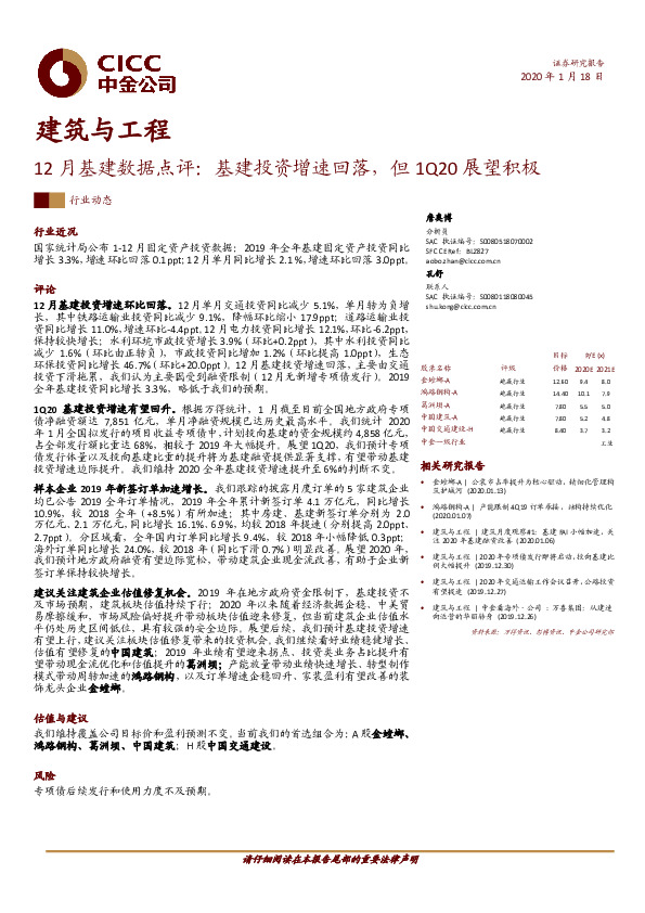 建筑与工程：12月基建数据点评：基建投资增速回落，但1Q20展望积极