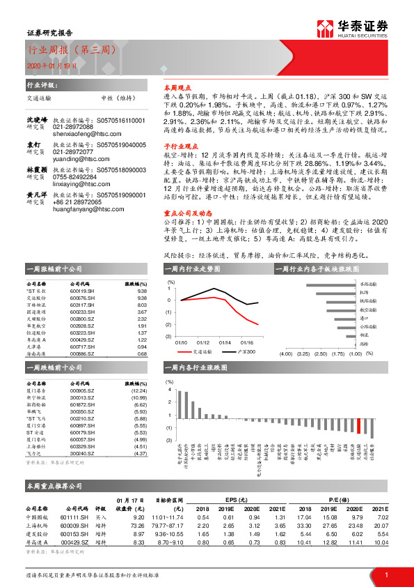 交通运输行业周报（第三周）