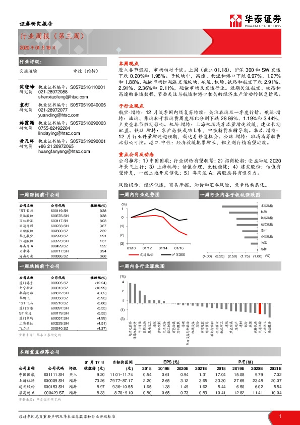 交通运输行业周报（第三周）