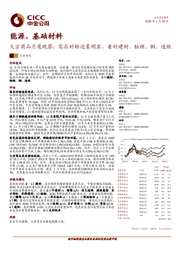 大宗商品月度观察：需求好转迹象明显，看好建材、钴锂、铜、造纸