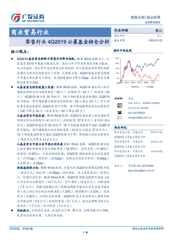 零售行业4Q2019公募基金持仓分析