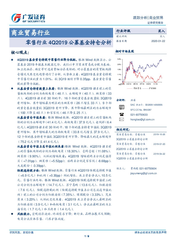 零售行业4Q2019公募基金持仓分析