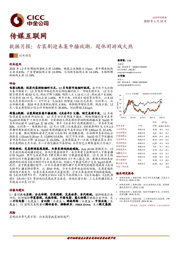 传媒互联网数据月报：古装剧迎来集中播放潮，超休闲游戏火热