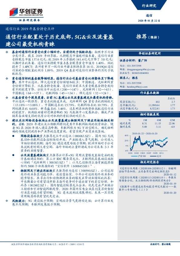 通信行业2019年基金持仓点评：通信行业配置处于历史底部，5G&云及流量基建公司最受机构青睐