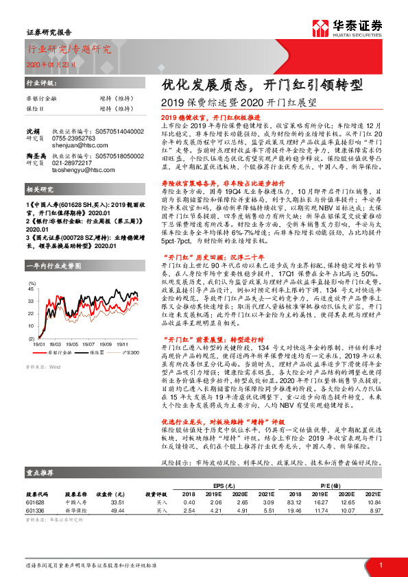 2019保费综述暨2020开门红展望：优化发展质态，开门红引领转型
