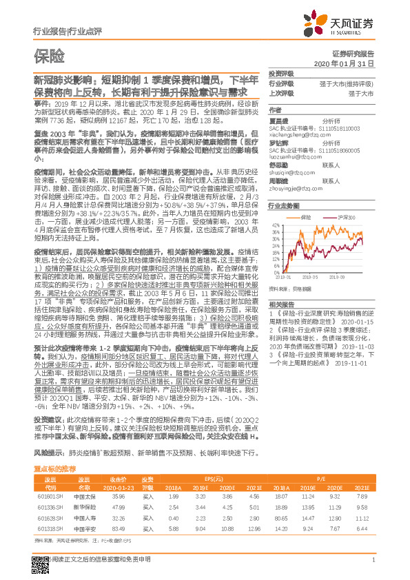 保险：新冠肺炎影响：短期抑制1季度保费和增员，下半年保费将向上反转，长期有利于提升保险意识与需求