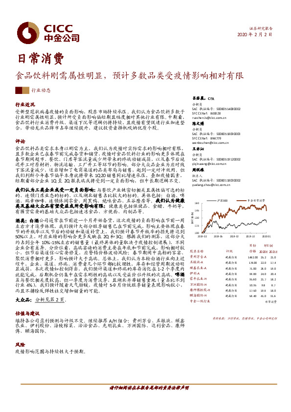 日常消费行业动态：食品饮料刚需属性明显，预计多数品类受疫情影响相对有限