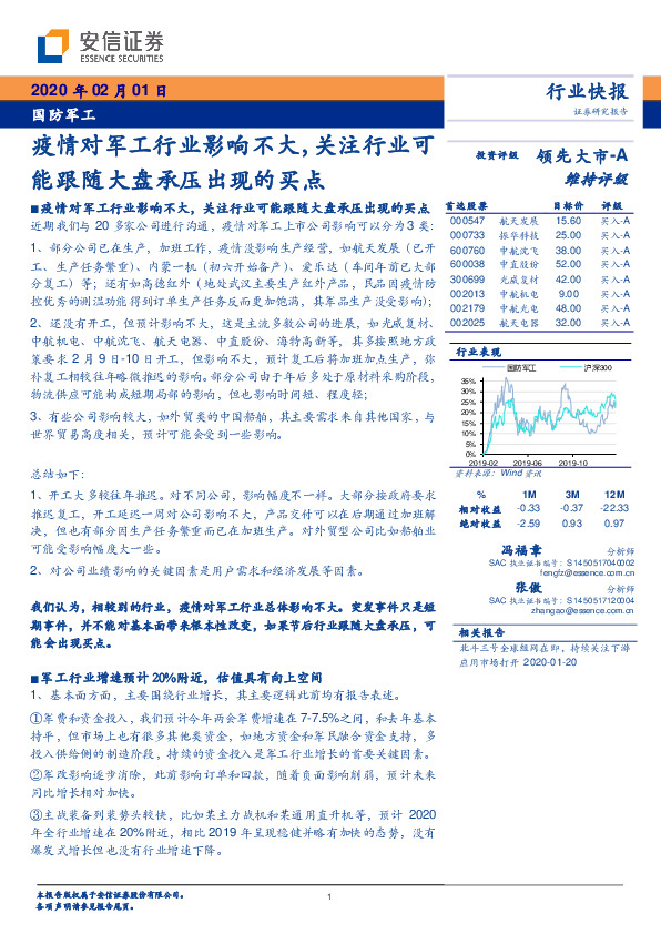 国防军工：疫情对军工行业影响不大，关注行业可能跟随大盘承压出现的买点
