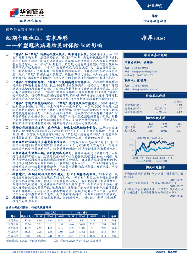 保险行业深度研究报告：新型冠状病毒肺炎对保险业的影响——短期个险承压，需求后移