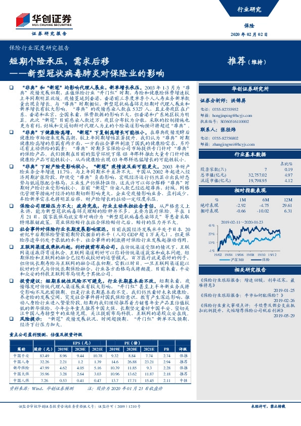 保险行业深度研究报告：新型冠状病毒肺炎对保险业的影响——短期个险承压，需求后移