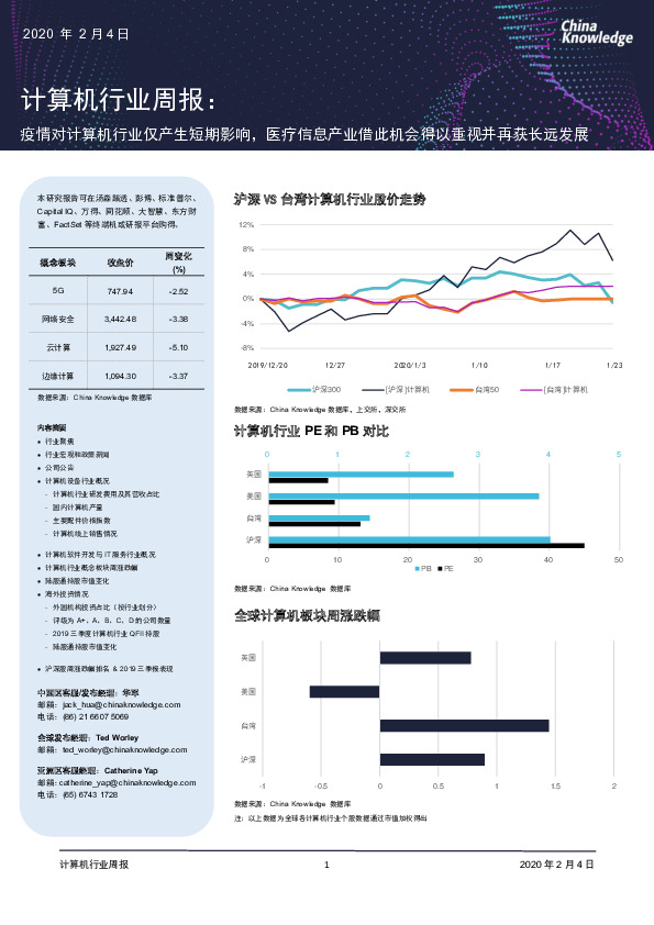 计算机行业周报：疫情对计算机行业仅产生短期影响，医疗信息产业借此机会得以重视并再获长远发展
