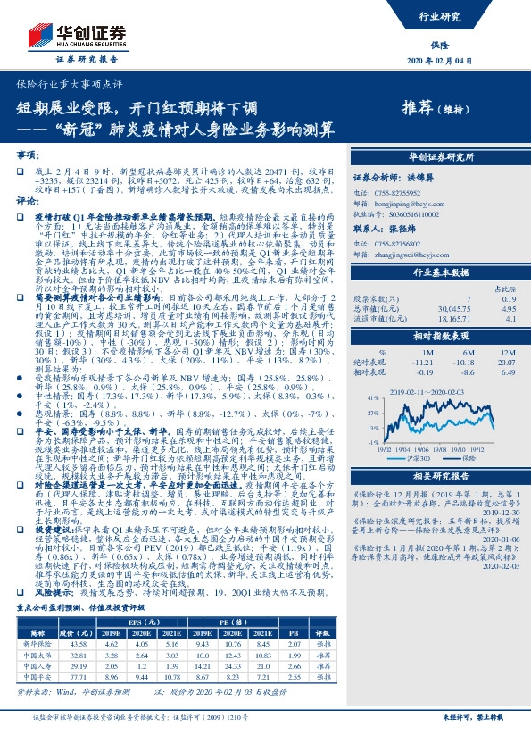 “新冠”肺炎疫情对人身险业务影响测算：短期展业受限，开门红预期将下调