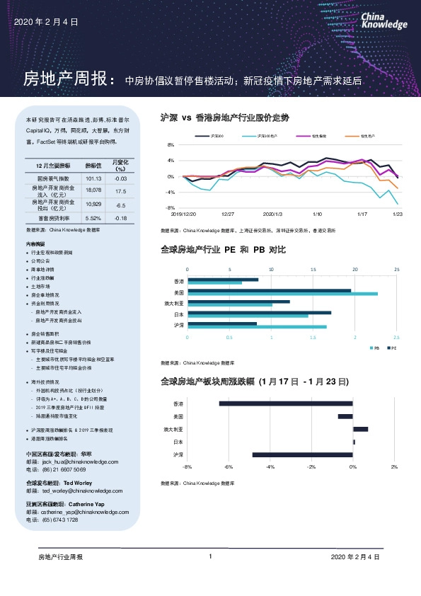 房地产周报:中房协倡议暂停售楼活动;新冠疫情下房地产需求延后