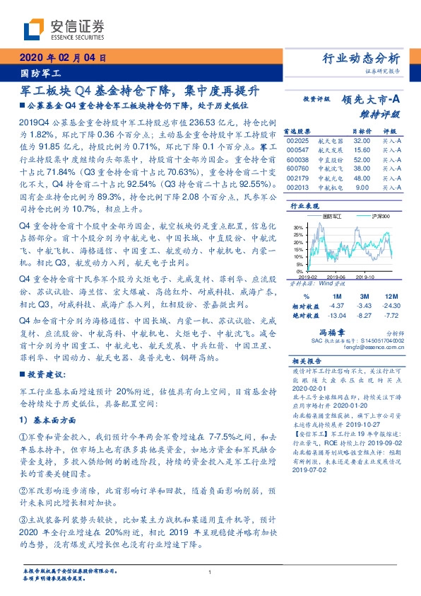 国防军工：军工板块Q4基金持仓下降，集中度再提升
