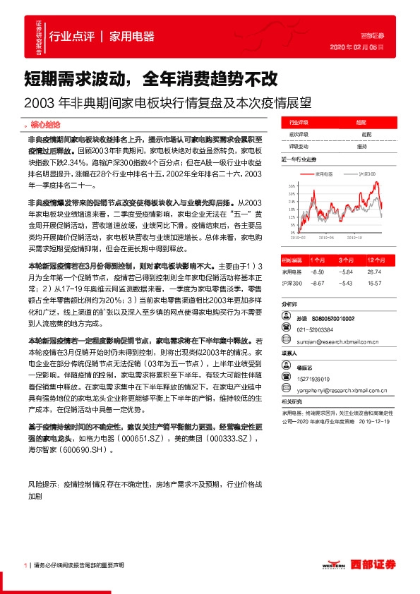 家用电器：2003年非典期间家电板块行情复盘及本次疫情展望-短期需求波动，全年消费趋势不改