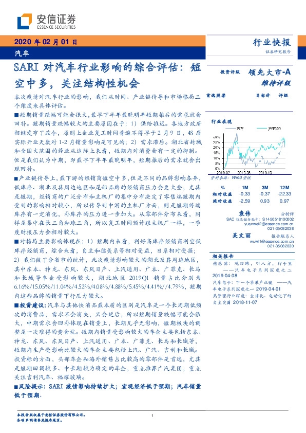 汽车：SARI对汽车行业影响的综合评估：短空中多，关注结构性机会