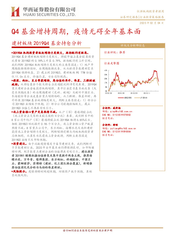 建材板块2019Q4基金持仓分析：Q4基金增持周期，疫情无碍全年基本面