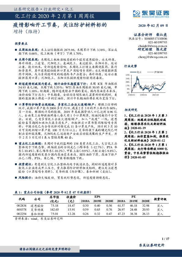 化工行业2020年2月第1周周报：疫情影响开工节奏，关注防护材料标的