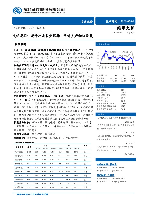 交运周报：疫情冲击航空运输，快递生产加快恢复