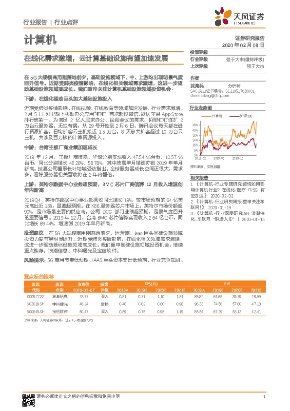 计算机：在线化需求激增，云计算基础设施有望加速发展