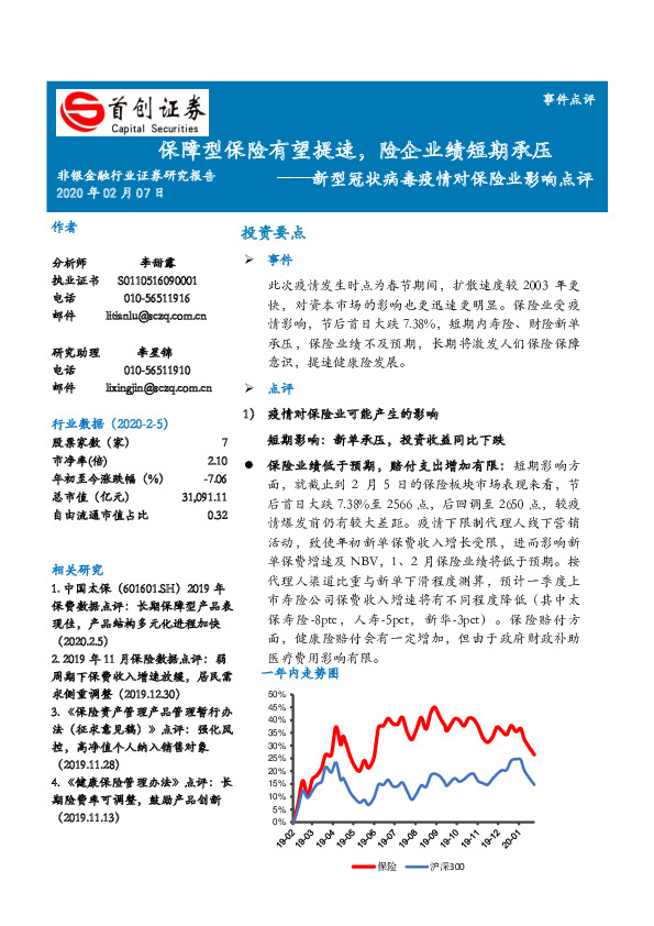 新型冠状病毒疫情对保险业影响点评：保障型保险有望提速，险企业绩短期承压