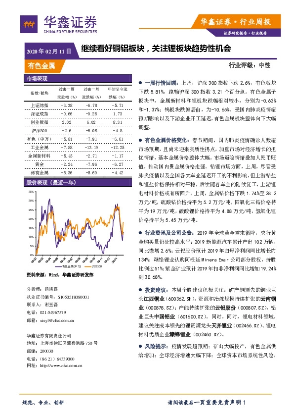 有色金属行业周报：继续看好铜铝板块，关注锂板块趋势性机会