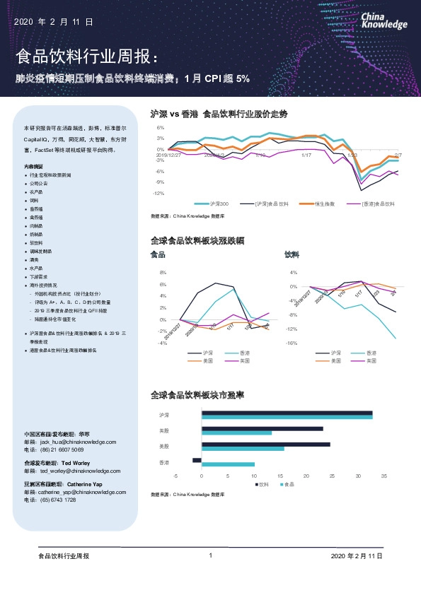 食品饮料行业周报:肺炎疫情短期压制食品饮料终端消费;1月CPI超5%