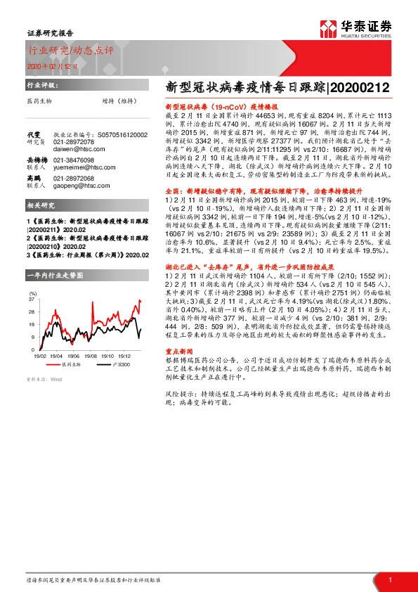 医药生物：新型冠状病毒疫情每日跟踪