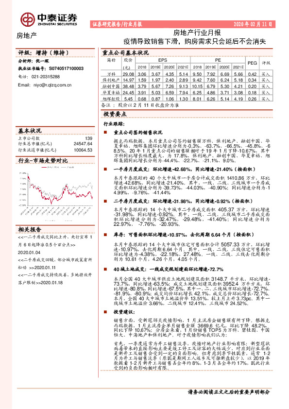 房地产行业月报：疫情导致销售下滑，购房需求只会延后不会消失