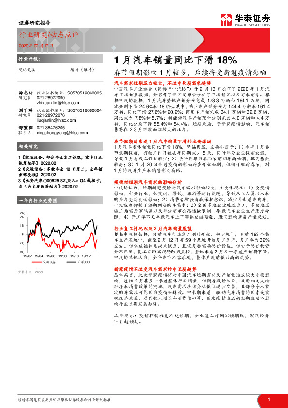 1月汽车销量同比下滑18%：春节假期影响1月较多，后续将受新冠疫情影响