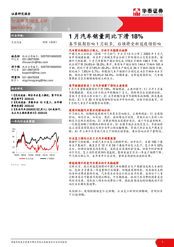 1月汽车销量同比下滑18%：春节假期影响1月较多，后续将受新冠疫情影响