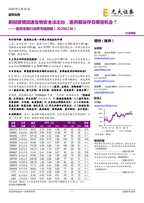 医药生物行业跨市场周报：新冠疫情加速生物安全法出台，医药板块存在哪些机会？