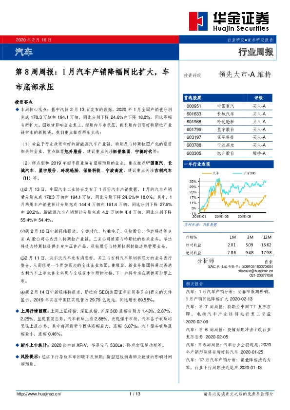汽车第8周周报：1月汽车产销降幅同比扩大，车市底部承压