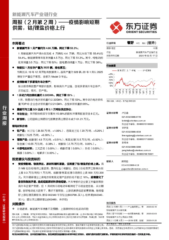 新能源汽车产业链行业：周报（2月第2周）：疫情影响短期供需，钴锂盐价格上行