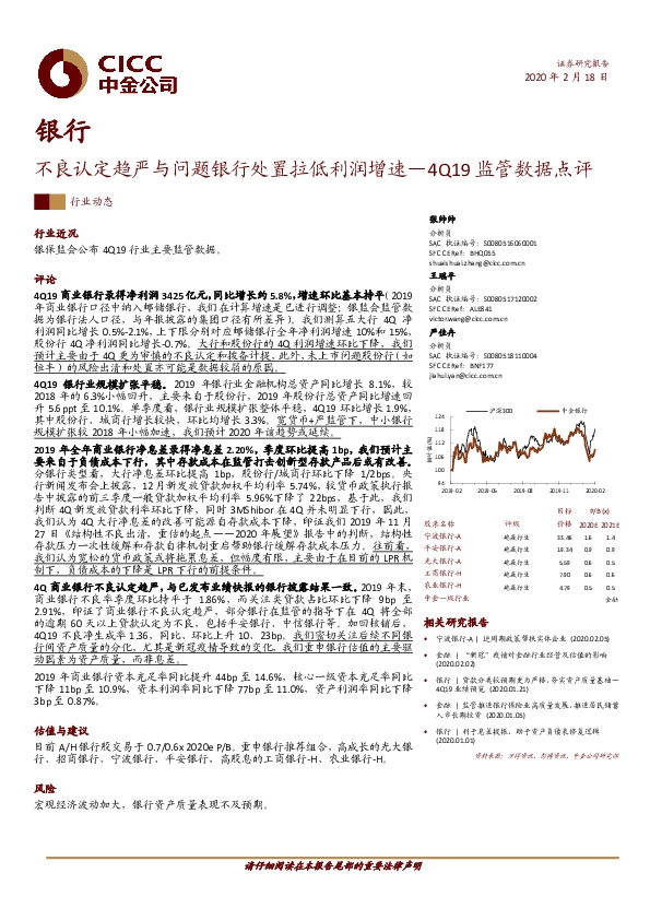 银行4Q19监管数据点评：不良认定趋严与问题银行处置拉低利润增速