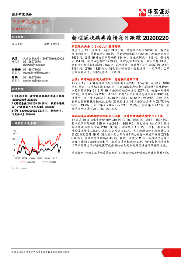 医药生物：新型冠状病毒疫情每日跟踪