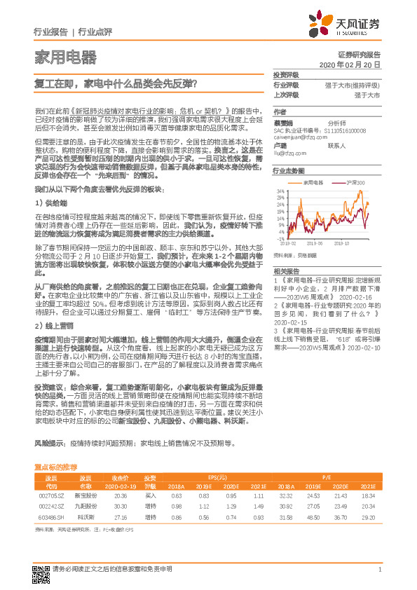 家用电器行业点评：复工在即，家电中什么品类会先反弹？