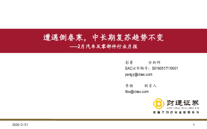 2月汽车及零部件行业月报：遭遇倒春寒，中长期复苏趋势不变